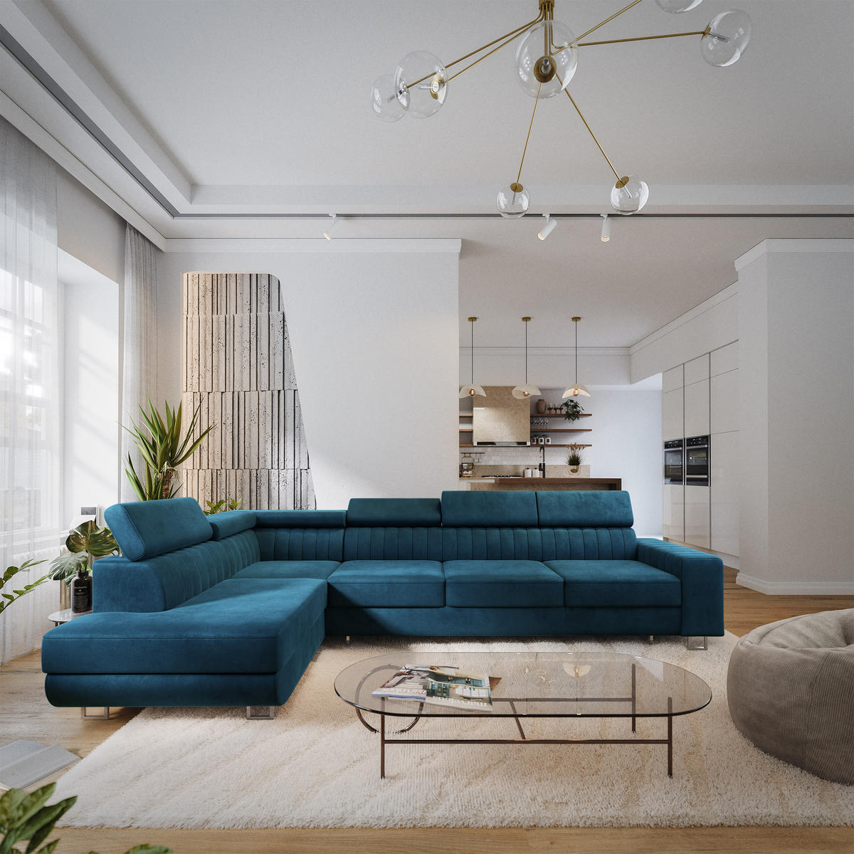 ECKSOFA HESTION Blau Velours-Stoff mit Schlaffunktion - Blau, Holz (332/190cm) - MASSENO