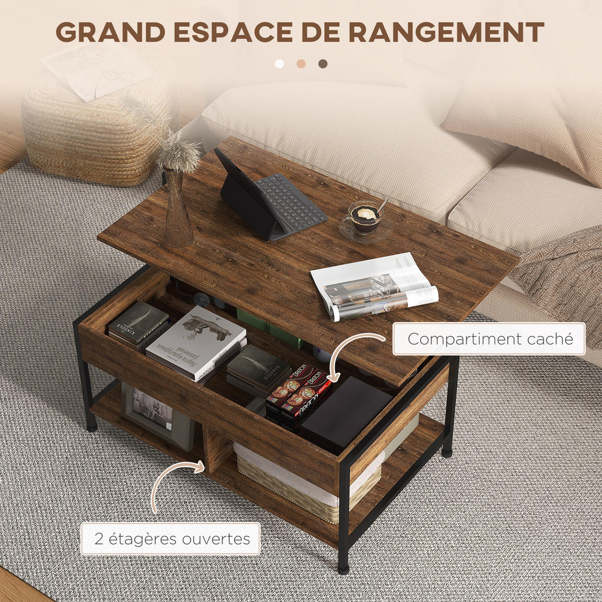 COUCHTISCH DE-15750 klappbare Platte Rostbraun - Braun, Holzwerkstoff (100/60/46cm) - ComfortXL