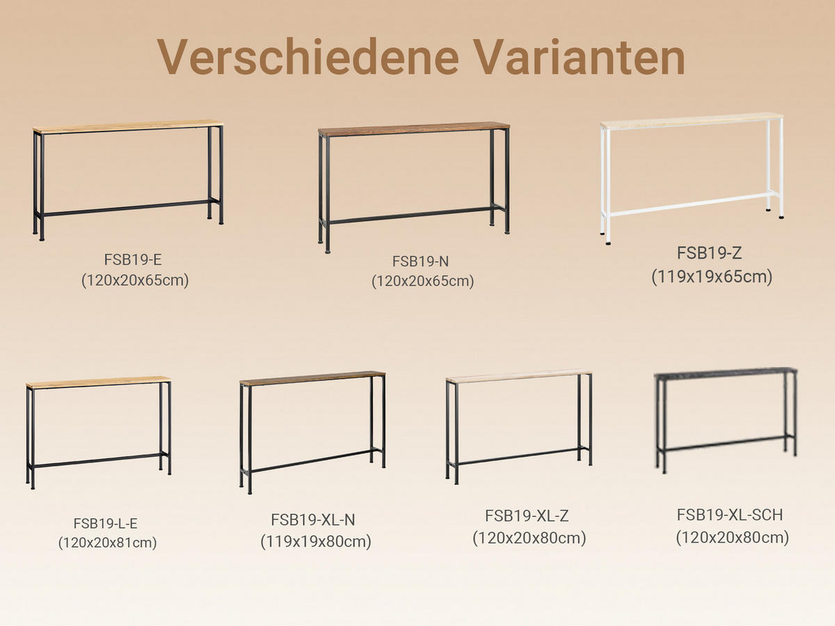 KONSOLENTISCH Schmal, Vintage Metall Flurtisch, 120x65x20cm, für Flur und hinter dem Sofa - Braun, Holzwerkstoff/Metall (20/120/65cm) - SoBuy