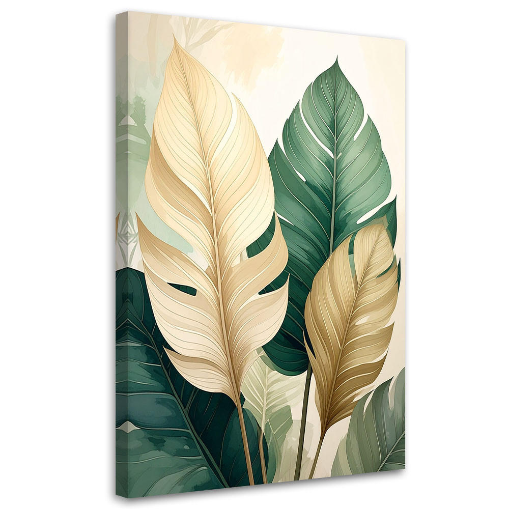 BILD auf Leinwand, Grüne und beige Monstera-Blätter im Stil des städtischen Dschungels - Grün, Textil (30/45cm) - Feeby