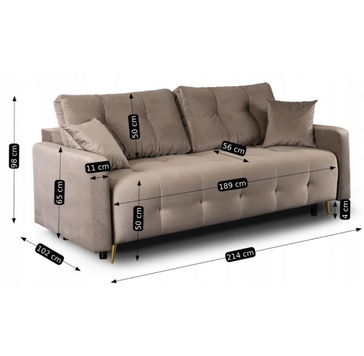 SOFA SEUL Ausklappbar Schlaffunktion Zweisitzer Beige - Braun, Holz/Textil (214/98/102cm) - makarowski meble