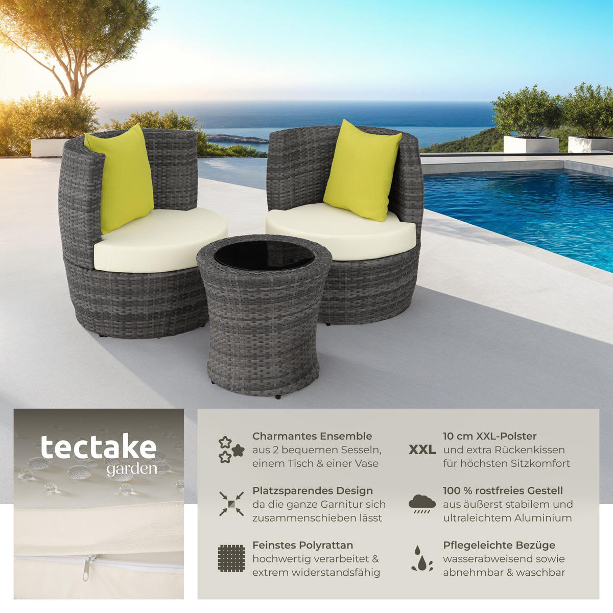 RATTAN SITZGRUPPE Nizza,stapelbar,grau - Grau, Kunststoff - tectake