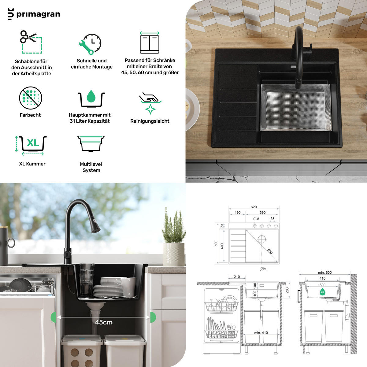 SPÜLBECKEN Sydney, 2-er set Weiß 62/50 cm 1 Becken + Ablauf-Set + Küchenzubehörset ab 45er Unterschrank - Chromfarben/Beige, Kunststoff (62/20/50cm) - Primagran