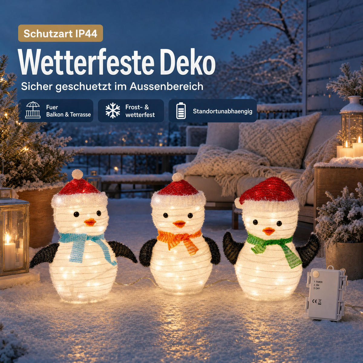 LED-PINGUIN-FIGUR - 45 Lichter mit Timer und Batteriebetrieb für winterliche Garten-Dekoration, 3er-Set - Weiß, Kunststoff (15/22/25cm) - Northpoint