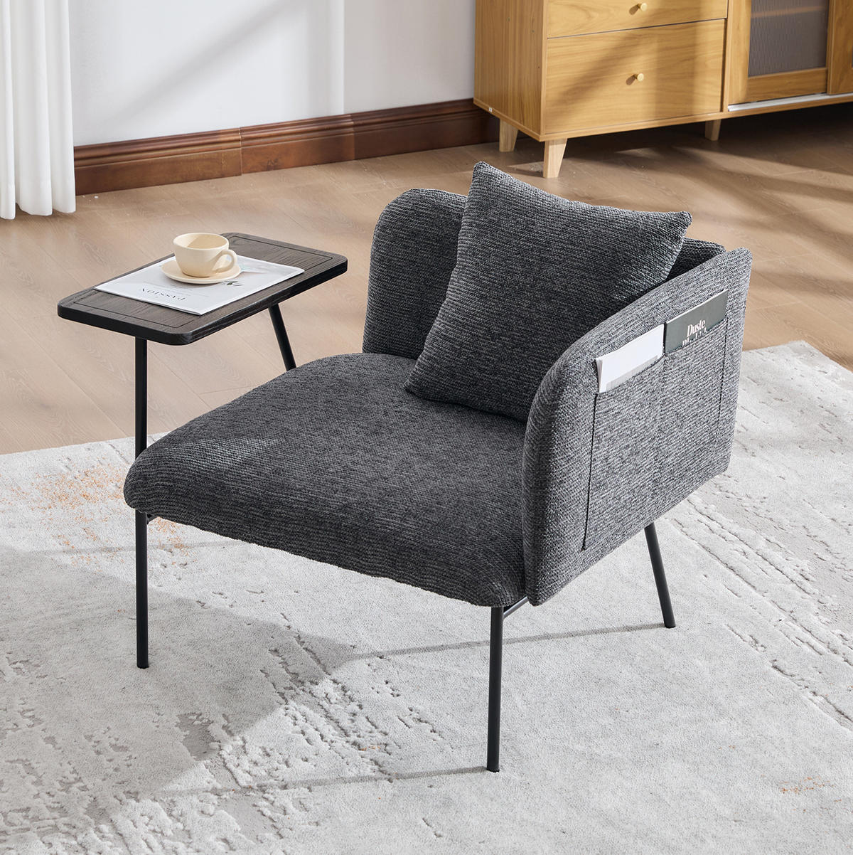 SESSEL 86/72/71 cm in Dunkelgrau mit Beistelltisch und Seitentaschen - Dunkelgrau, Textil (86/71/72cm) - BEAOK