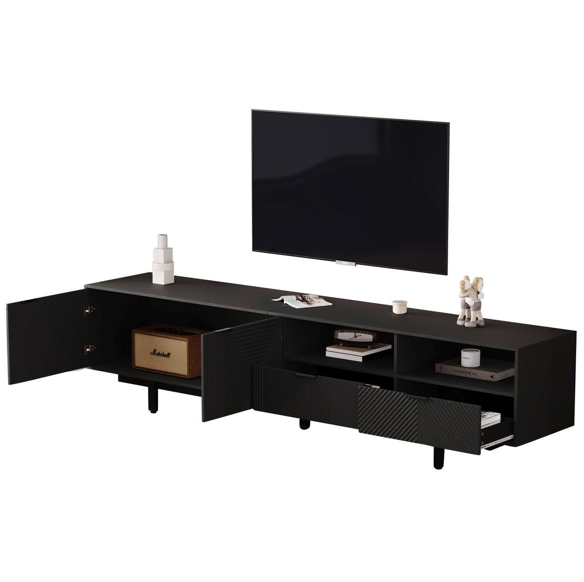 TV-LOWBOARD aus Spanplatte 200x40x51 cm Schwarz mit Stauraum, Kabeldurchführungen und 5 Metallfüßen - Schwarz, Holzwerkstoff (200/51/40cm) - IVMEU