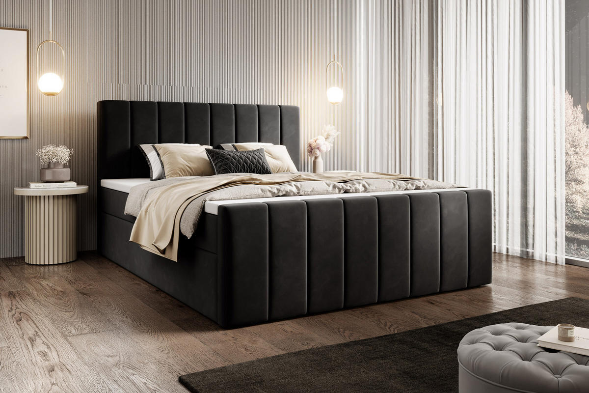 BOXSPRINGBETT Avelio mit Bettkasten, Schwarz Samt 160x200 cm – inkl. H3 Matratze und Topper - Schwarz, Holzwerkstoff/Kunststoff (160/200cm) - WFL GROUP