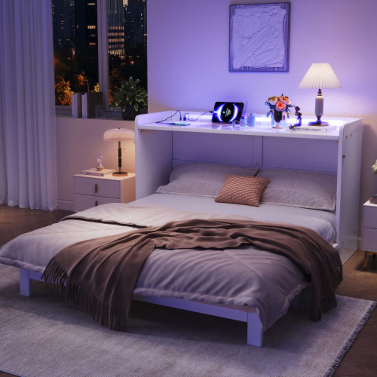 SCHRANKBETT 140 × 200 cm aus MDF und Spanplatte mit LED-Beleuchtung, USB-Anschluss und Stauraumschubladen, weiß - Weiß, Holzwerkstoff - Luhomfu