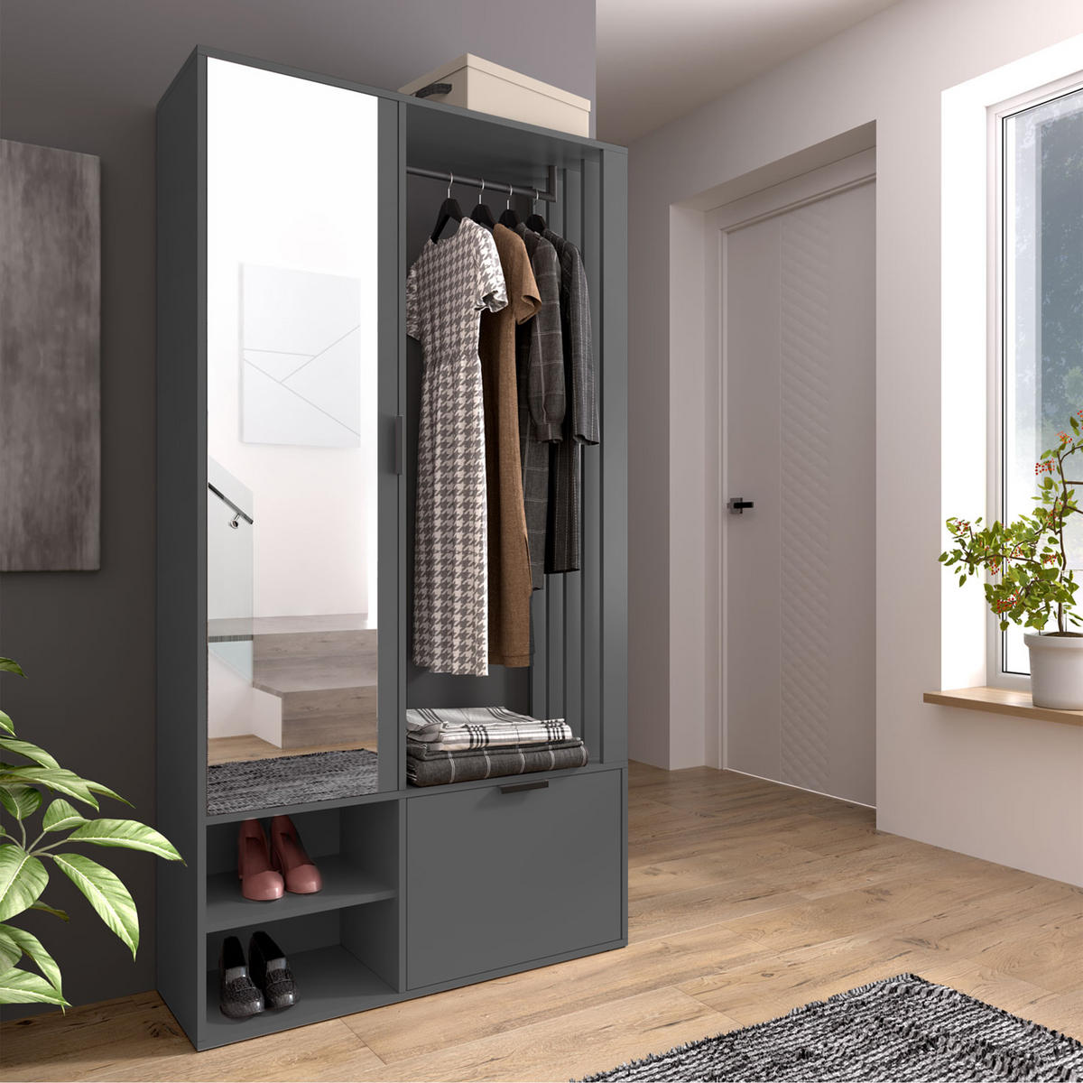 GARDEROBENSCHRANK Milanoir Graphit 100/189,4/33 cm - Modern mit Spiegel - Grau, Holzwerkstoff/Kunststoff (100/189.4/33cm) - AX Living