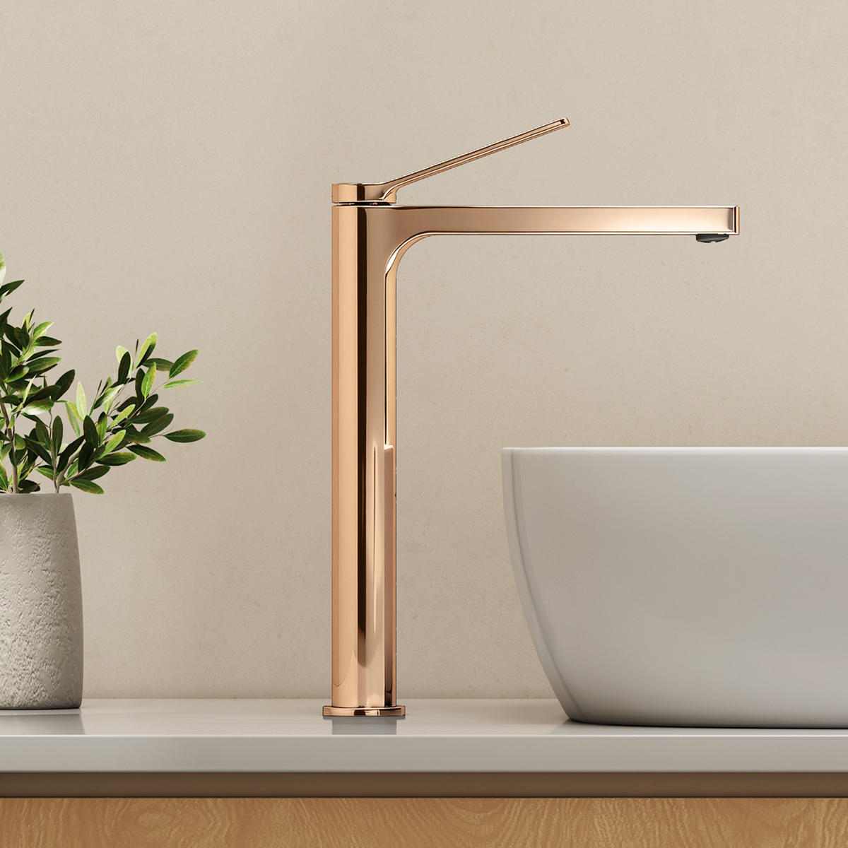 WASCHTISCHARMATUR mit Zertifiziertem Filterelement Rosengold Hoher Stil - Roségold, Metall (23.3/4.6/33.5cm) - EMKE