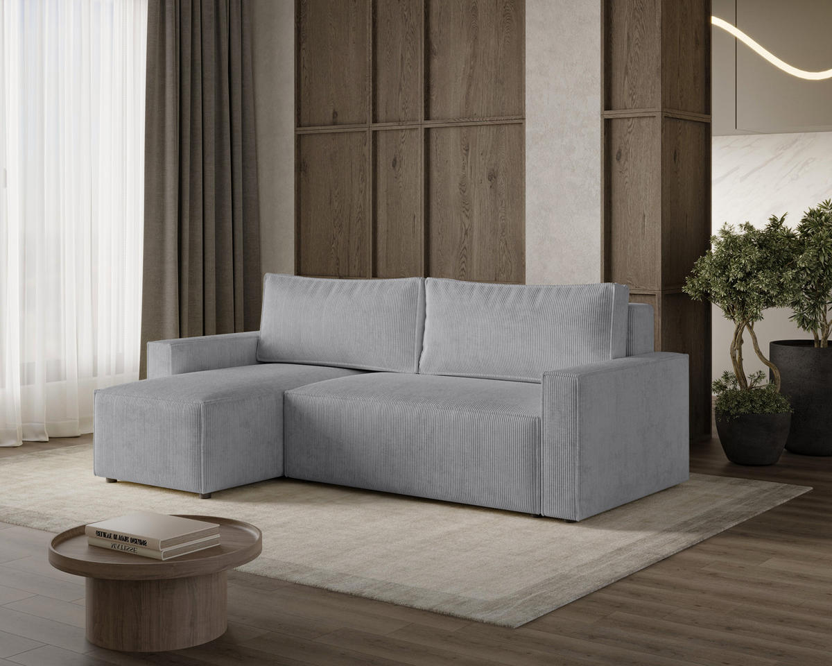 ECKSOFA LIVIO S mit Schlaffunktion, universell montierbar - POSO 55 - Grau, Holz (230/142cm) - Dekori_Interiors