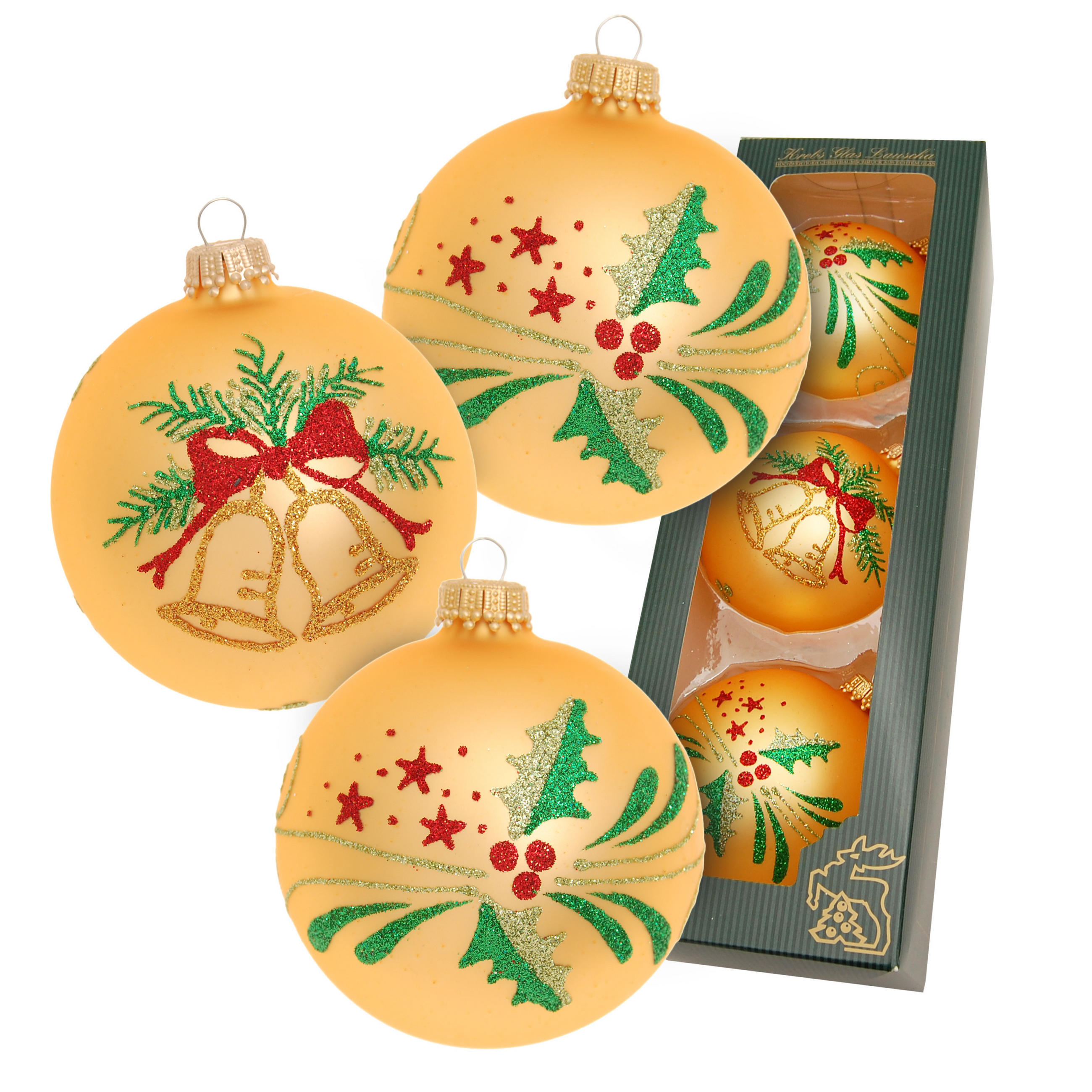 CHRISTBAUMKUGELN Glocke und Zweige Goldfarbig 8cm (Glas / 3 Stk.) - Goldfarben, Glas (7/8/7cm) - Krebs Glas Lauscha