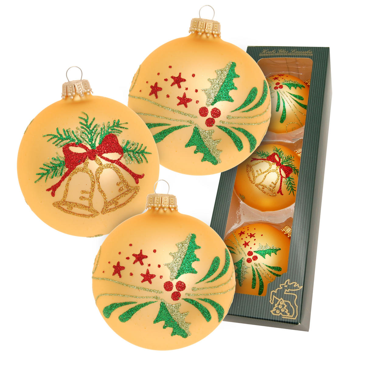 CHRISTBAUMKUGELN Glocke und Zweige Goldfarbig 8cm (Glas / 3 Stk.) - Goldfarben, Glas (7/8/7cm) - Krebs Glas Lauscha