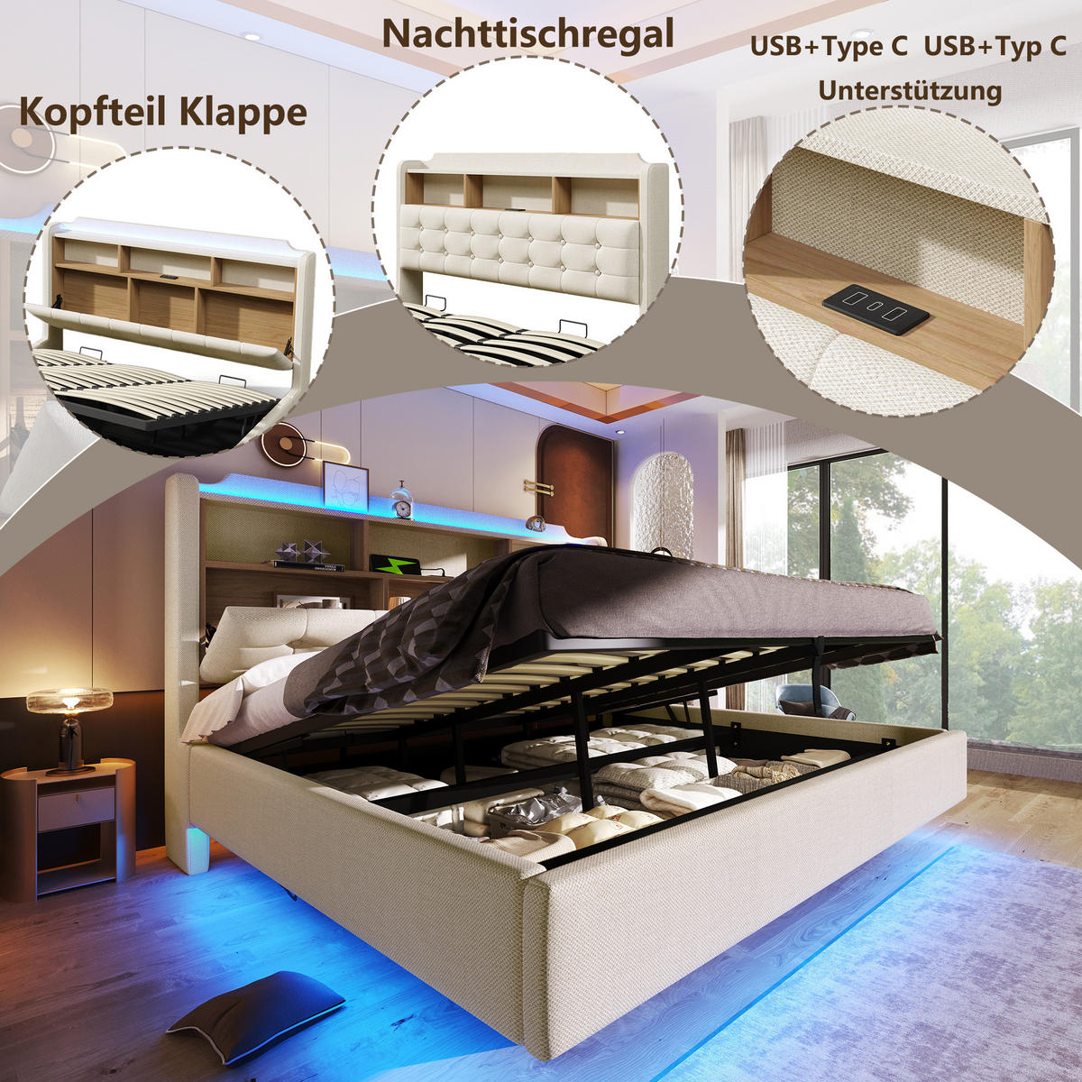 POLSTERBETT 180/200 cm in Beige mit LED, USB, Type-C und Stauraum aus Leinen und MDF - Beige, Holzwerkstoff/Textil (180/200cm) - STILVORA