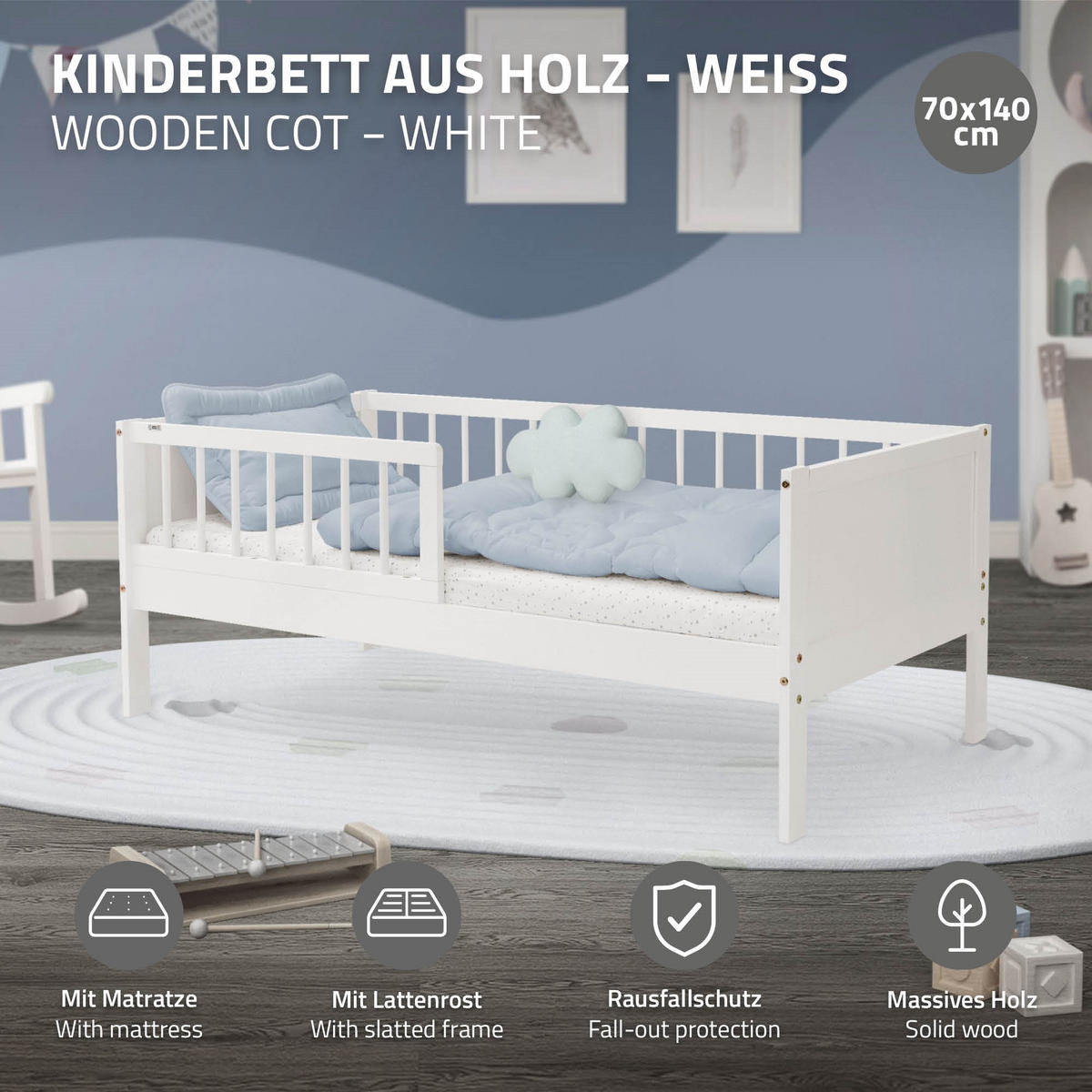 KINDERBETT mit Matratze 70x140 cm Weiß - Weiß, Holzwerkstoff - ML-DESIGN
