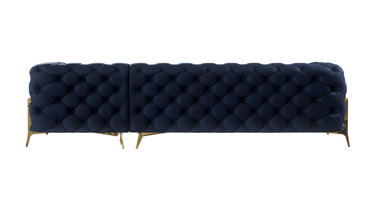 ECKSOFA Chesterfield Lexi Marineblau Samt, Ottomane rechts - Goldfarben/Dunkelblau, Holz/Textil (305/200cm) - S-Style Möbel