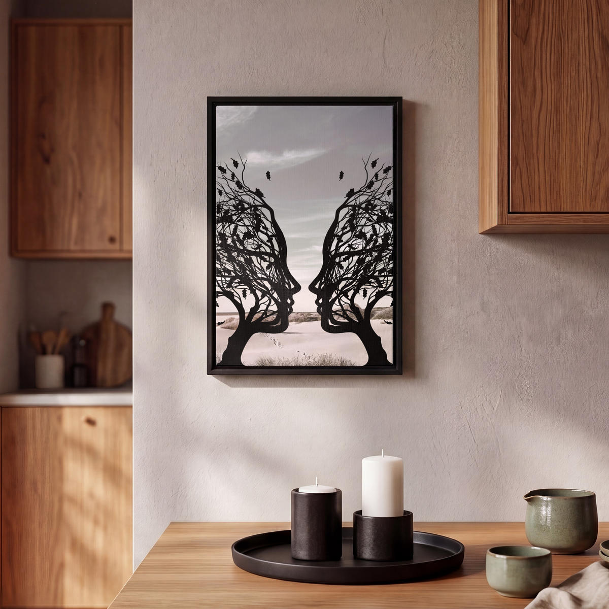 LEINWAND Bilder mit Rahmen - Strand - Meer - Menschen - Baum - Moderne Kunst - 20x30 - Hellgrau, Textil (20/30cm) - MuchoWow