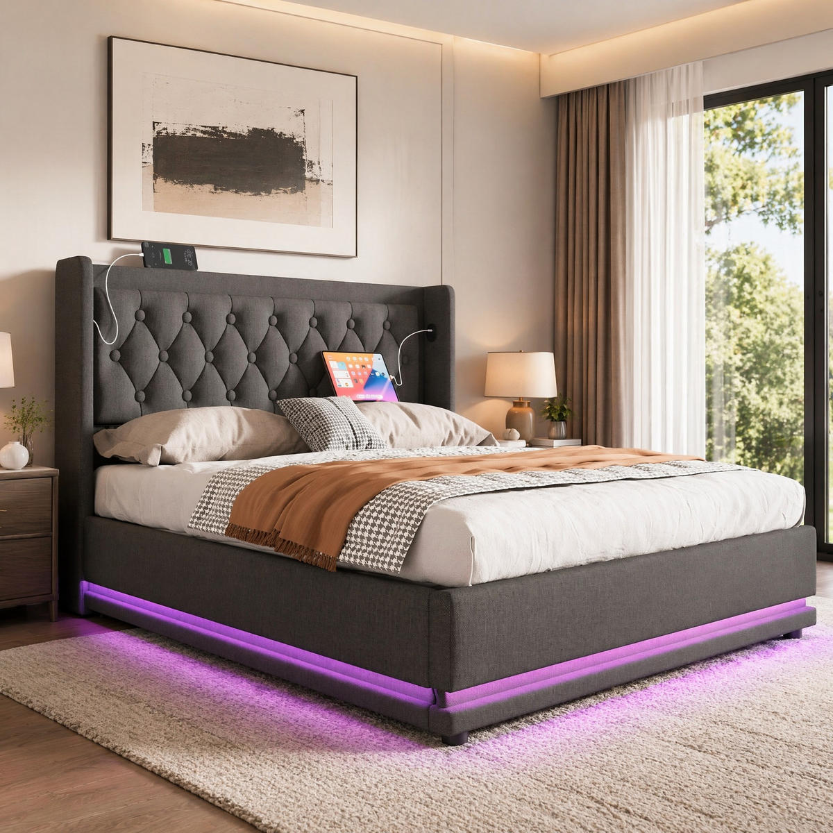 POLSTERBETT 140/200 mit Bettkasten, LED und USB-C-Anschluss in Grau - Grau, Holzwerkstoff/Textil (140/200cm) - EVRYAE