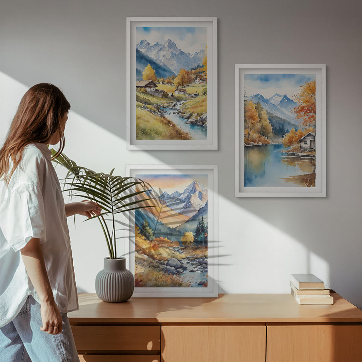 WANDBILDER 3er-Set - 40x60 cm Weißer Rahmen - Herbstliche Berge, Flusshäuser - Weiß, Kunststoff (40/60cm) - ArtPrintCave