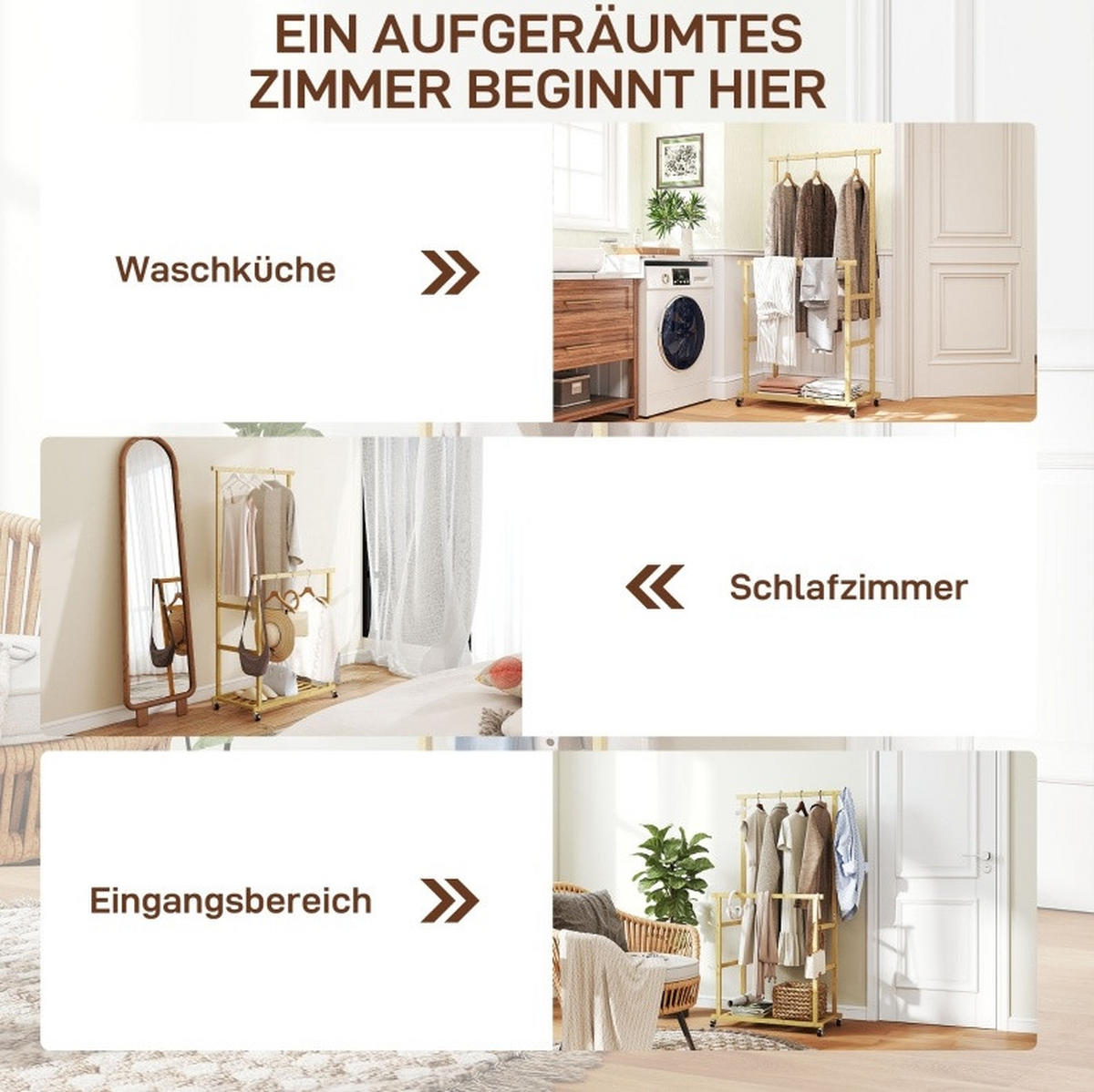 KLEIDERSTÄNDER 80/40/160 cm mit Rollen, 2 Kleiderstangen und Schuhablage aus Bambus, Natur - Naturfarben, Naturmaterialien (80/160/40cm) - Redom