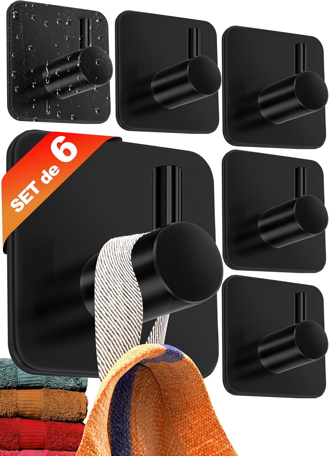 HANDTUCHHAKEN , Selbstklebende Wandhaken 6 Stück - Schwarz, Metall (4.5/3/4.5cm) - BELZ