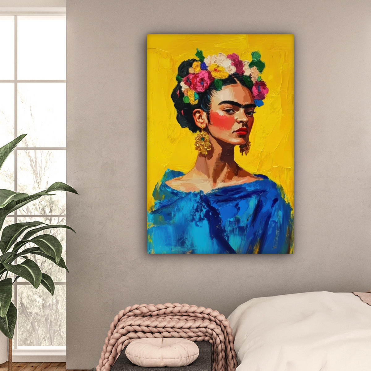 LEINWANDBILD Frida Kahlo - Frau - Gelb - Blau - Blumen 80x120 cm - Gelb, Textil (80/120cm) - MuchoWow