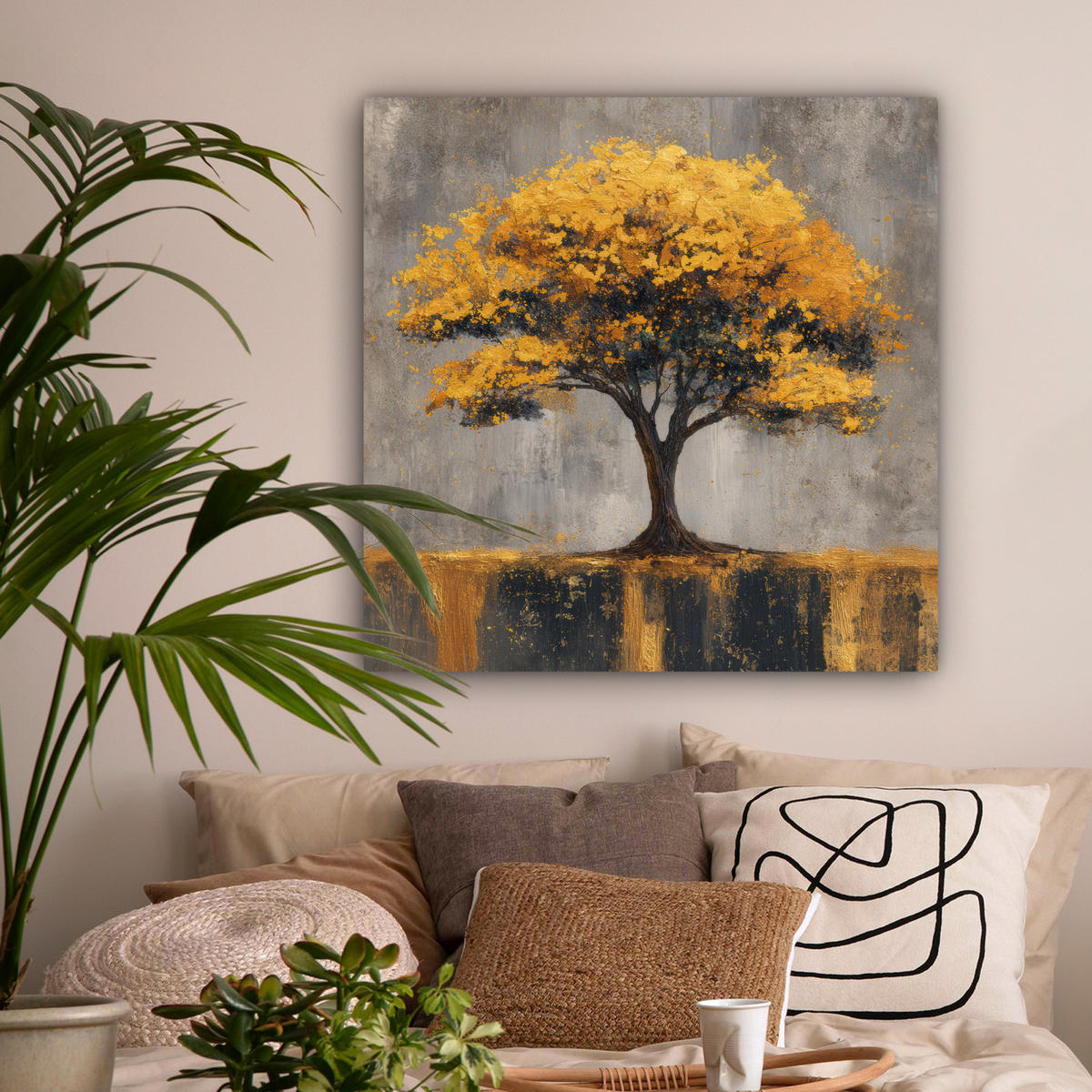 LEINWANDBILD Baum - Blätter - Gold - Abstrakt Deko Groß 90x90 cm - Grau, Textil (90/90cm) - MuchoWow