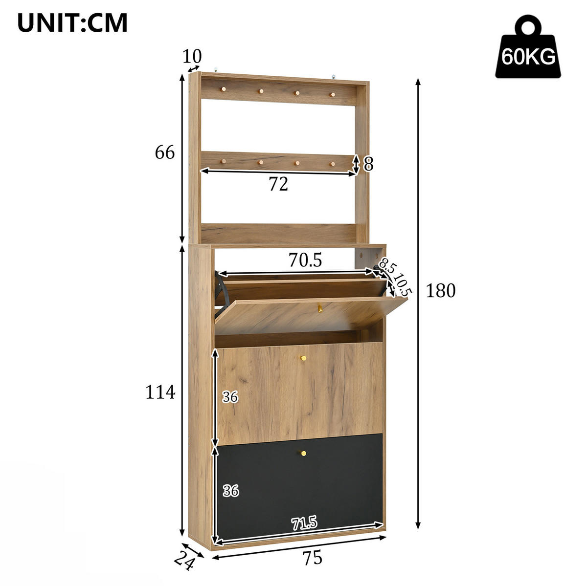 SCHUHSCHRANK mit 3 Klappfächern und Haken ca. 75 x 24 x 180 cm Schwarz/Natur - Schwarz, Holzwerkstoff (24/180/75cm) - Beauniv