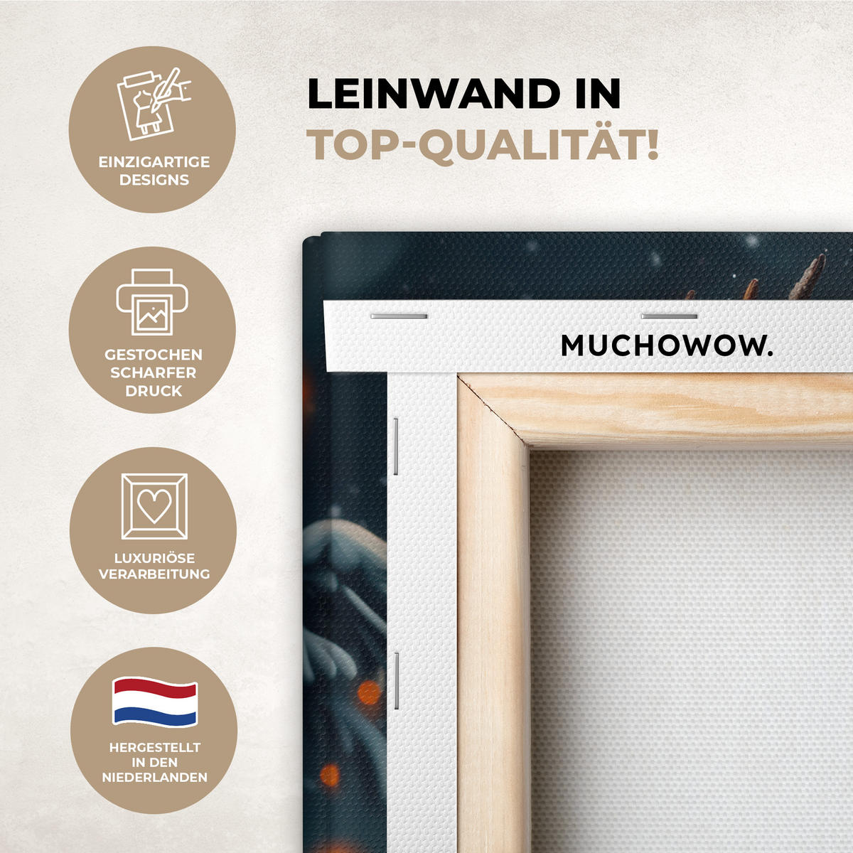 LEINWANDBILD Hirsch - Weihnachten - Winter - Schnee - Weihnachtskranz 40x30 cm - Dunkelbraun, Textil (40/30cm) - MuchoWow