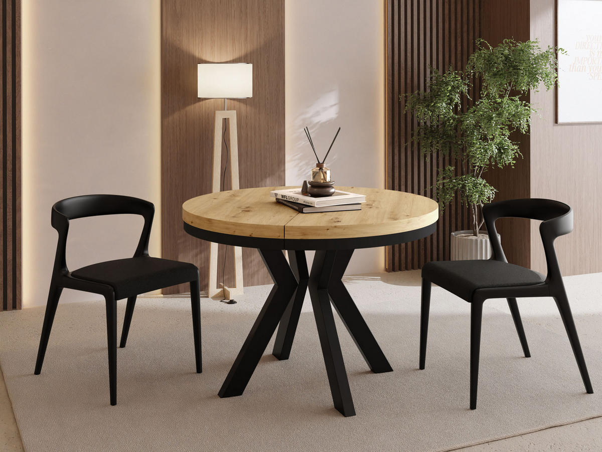 ESSTISCH Savio Neo rund ausziehbar verlängerbar XXL, Eiche Artisan Hellbraun 100-200/100/77 cm - Schwarz/Eiche Artisan, Holz/Holzwerkstoff (100/100/77cm) - WFL GROUP