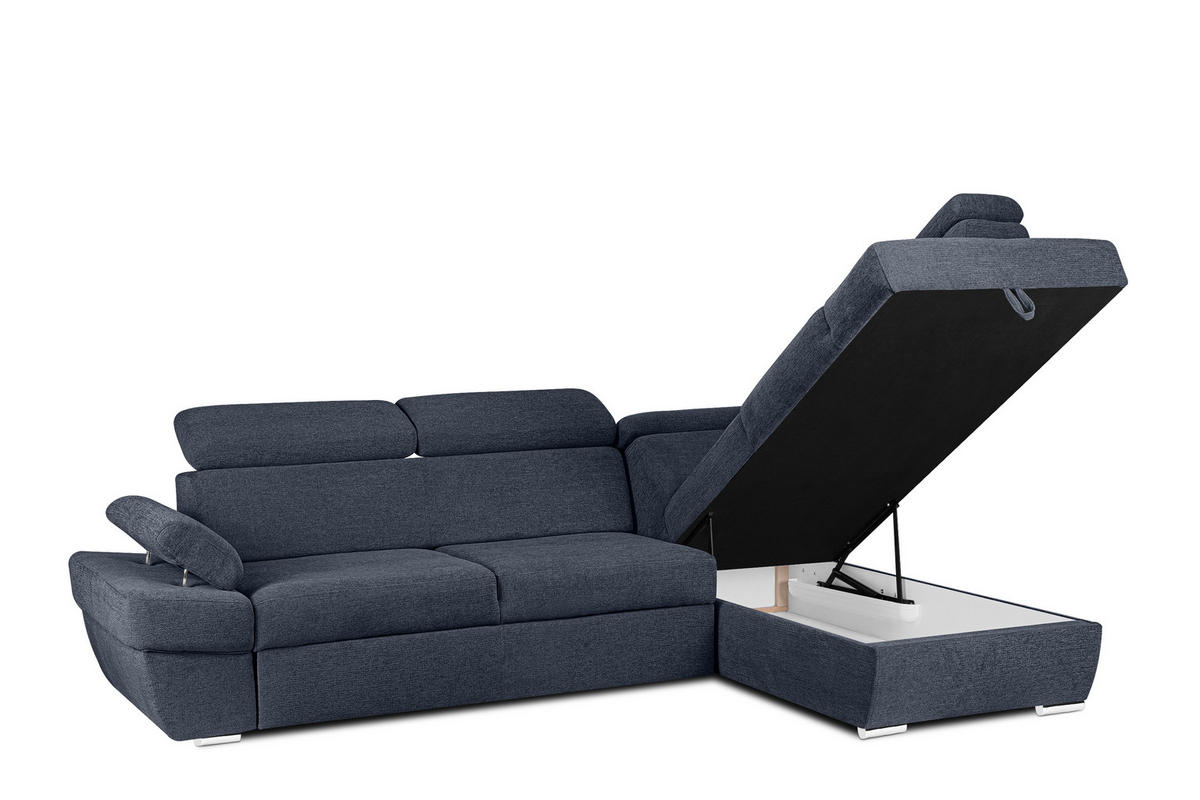 SCHLAFECKSOFA RATLO rechts 4/5-Sitzer mit Bettkasten, dunkelblau - Silberfarben/Dunkelblau, Textil (270/190cm) - KONSIMO®