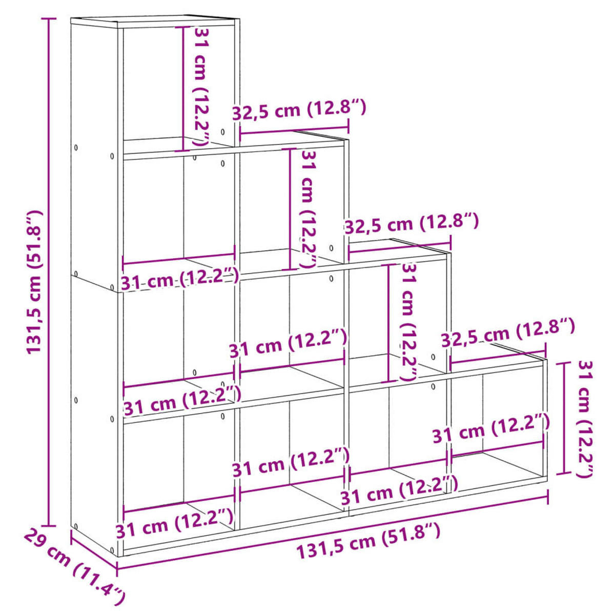 RAUMTEILER-BÜCHERREGAL 4 Stufen Weiss 131.5/29/131.5 Cm - Weiß, Holzwerkstoff (131.5/131.5/29cm) - vidaXL