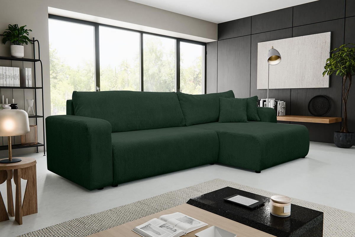 ECKSOFA Luna XL mit Schlaffunktion und Bettkasten Cord-Stoff (Grün) - Grün, Textil (274/142cm) - VENASI MÖBEL