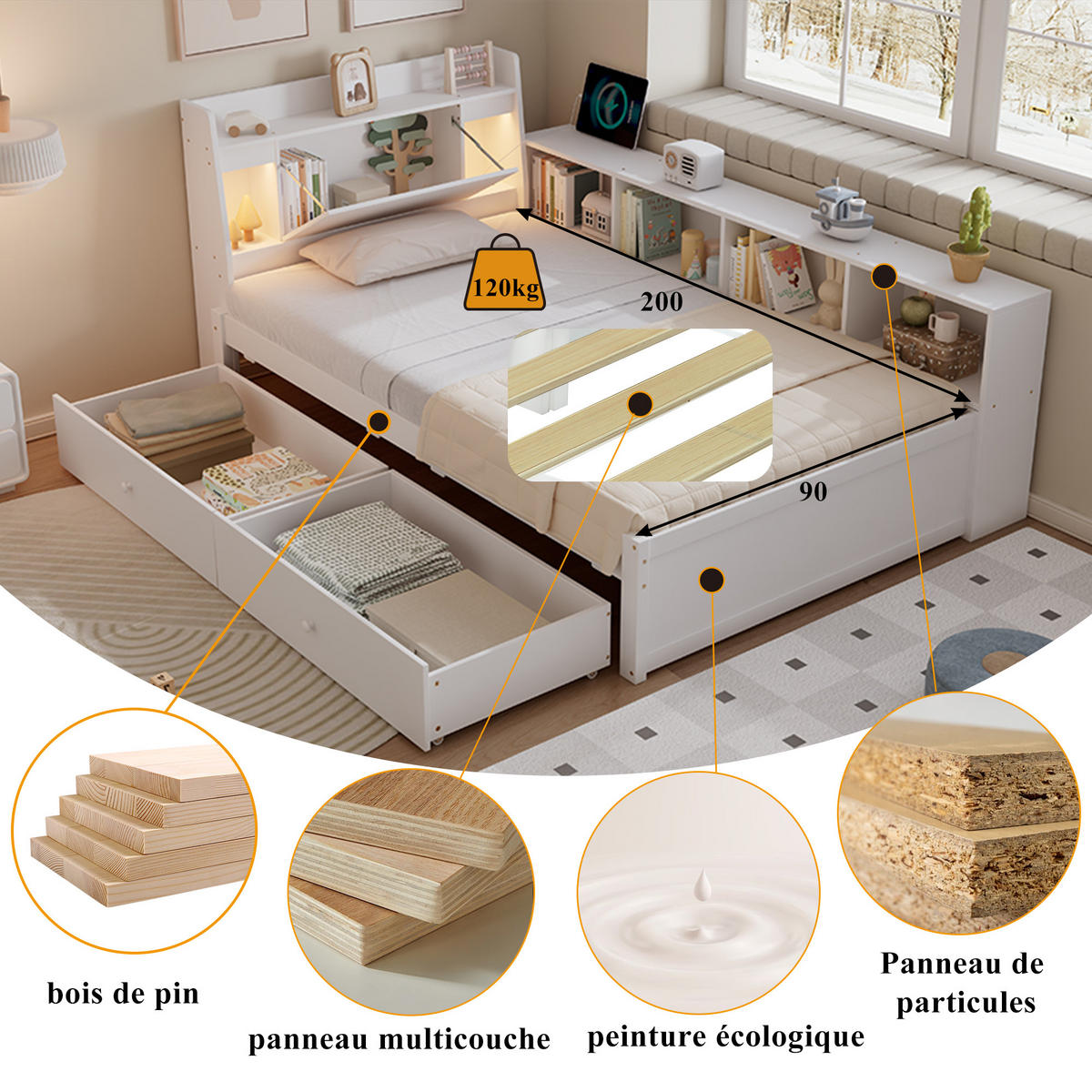 EINZELBETT 90x200 cm LED USB Schubladen - Weiß, Holz (90/200cm) - LEBENLANG