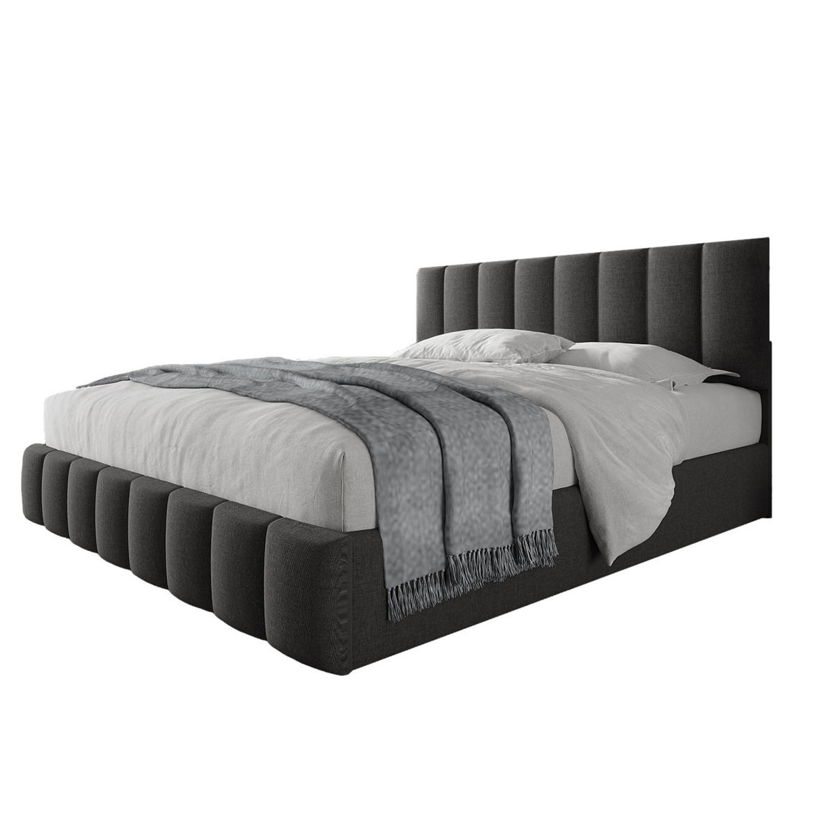 POLSTERBETT 140/200 cm Grau aus Leinen mit verstellbarem Kopfteil und Stauraum mit Matratze - Grau, Textil (140/200cm) - OKWISH