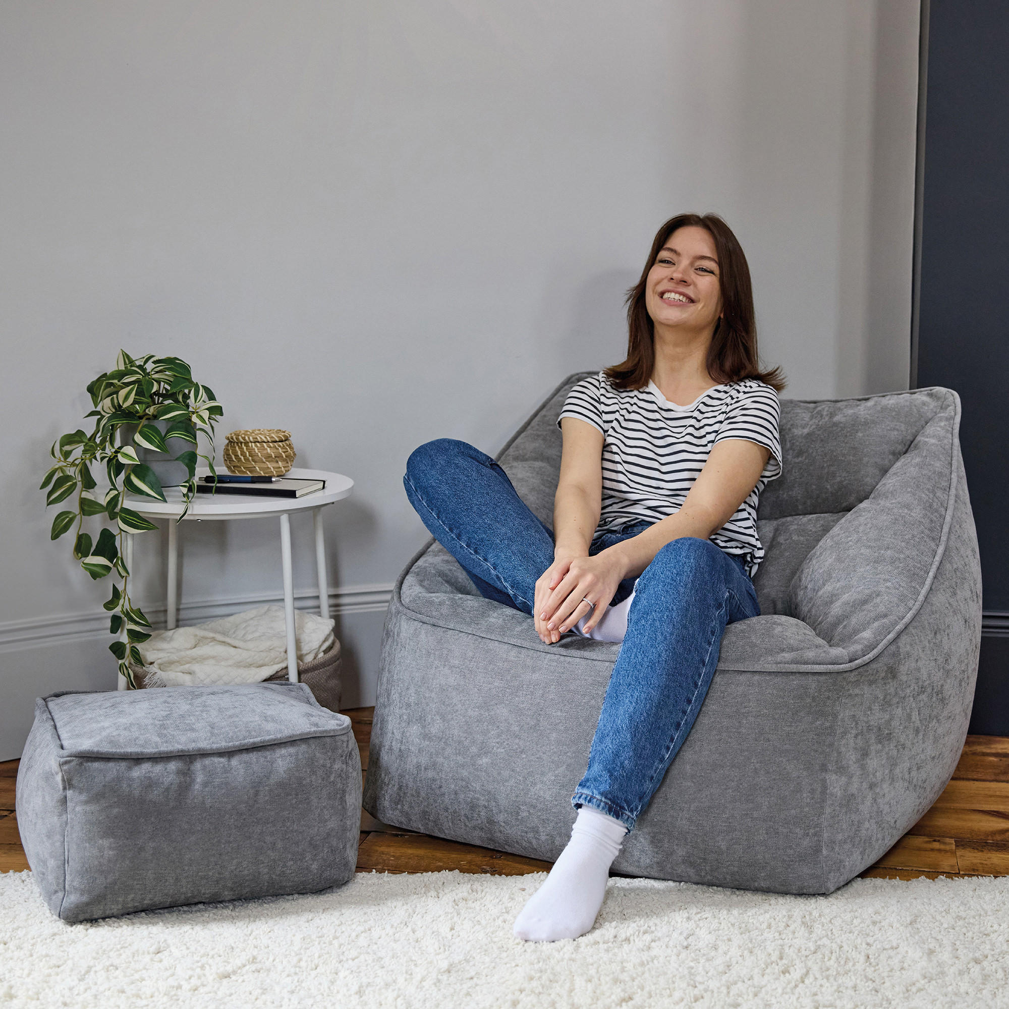 SITZSACK Sessel Chenille Natalia mit Hocker - Grau, Kunststoff/Textil (100/80/88cm) - icon