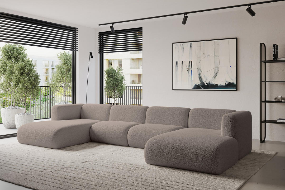 WOHNLANDSCHAFT MIRA-U2 408x179x70 Braun Bouclé - Dunkelbraun/Schwarz, Holzwerkstoff/Kunststoff (408/70/179cm) - ALTDECOR