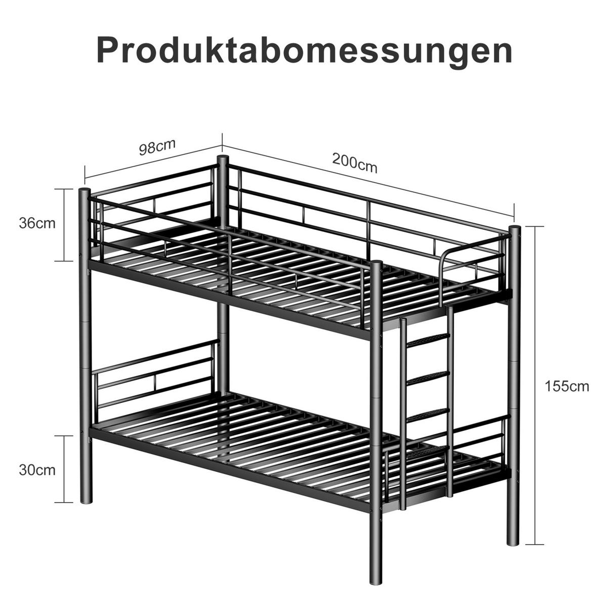 ETAGENBETT 90/190 cm Schwarz aus Metall mit Lattenrost - Schwarz, Metall (90/190cm) - MIVRAY
