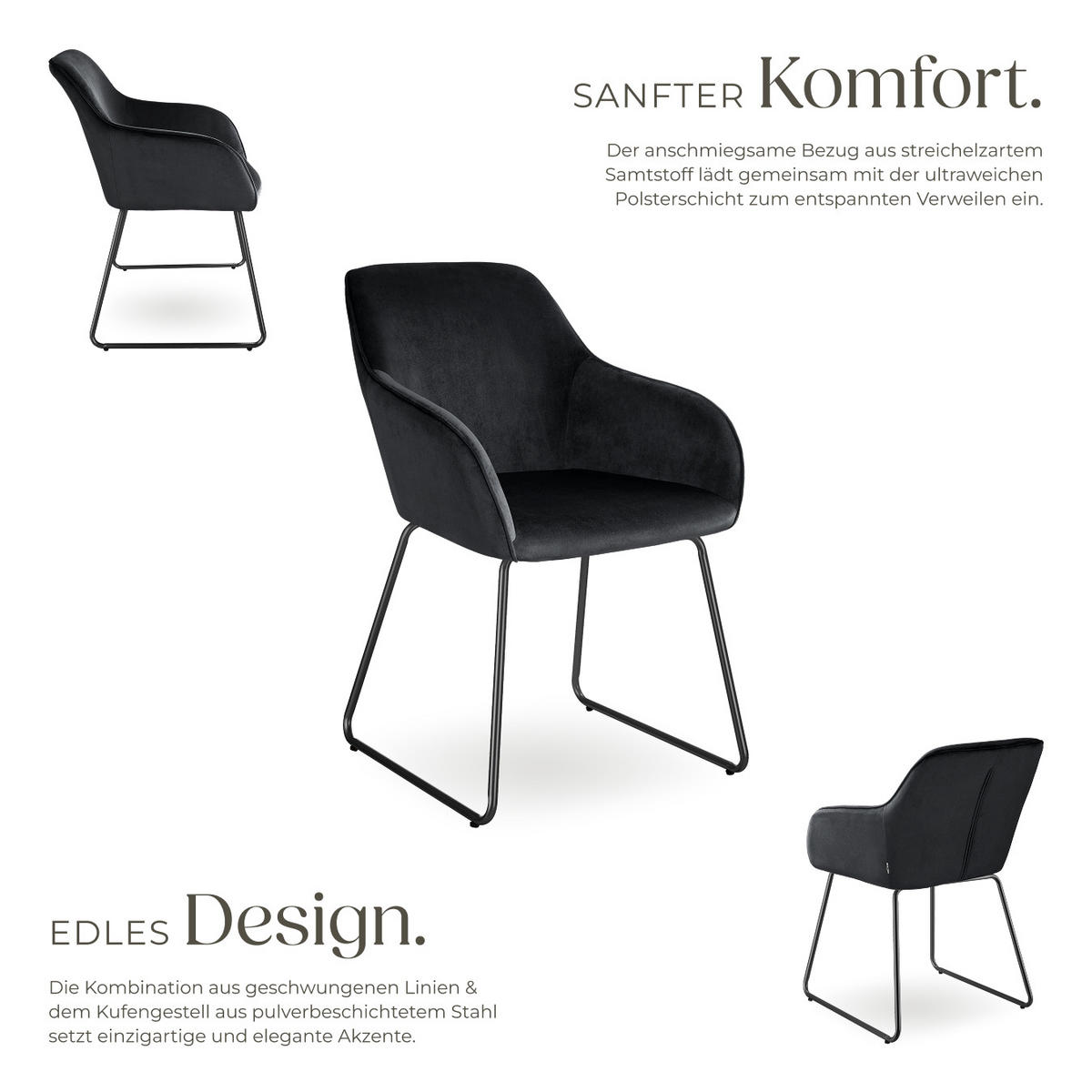 ESSZIMMERSTUHL Jeane,57 x 61 x 85,5 cm, Belastbarkeit 120 kg,Samtoptik schwarz/schwarz - Schwarz, Kunststoff (57/85.5/61cm) - tectake