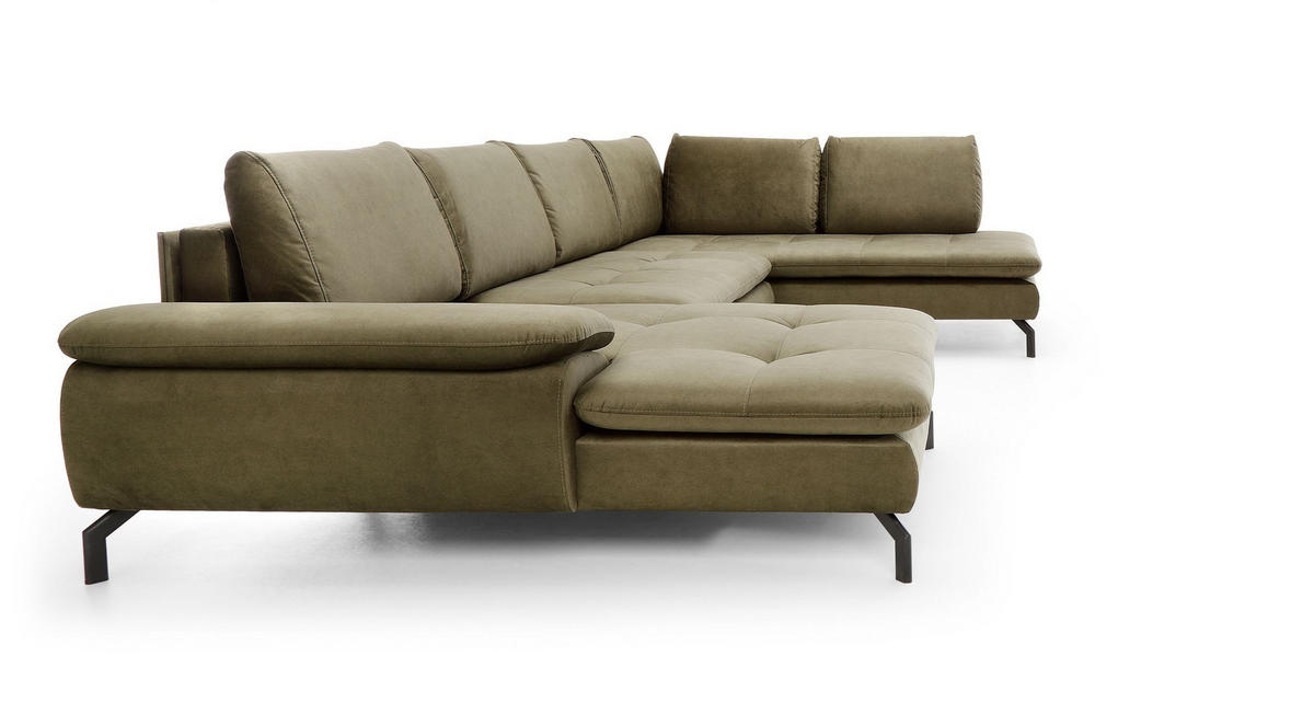 WOHNLANDSCHAFT VOLO Grün Plüsch-Stoff mit Schlaffunktion - Grün, Holz (347/82/205cm) - MASSENO