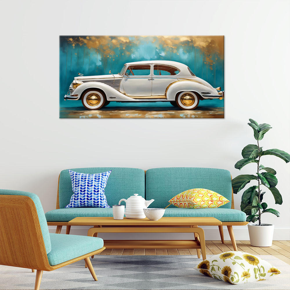 WANDBILD vintage retro auto türkis hintergrund - Türkis, Textil (120/60cm) - Feeby