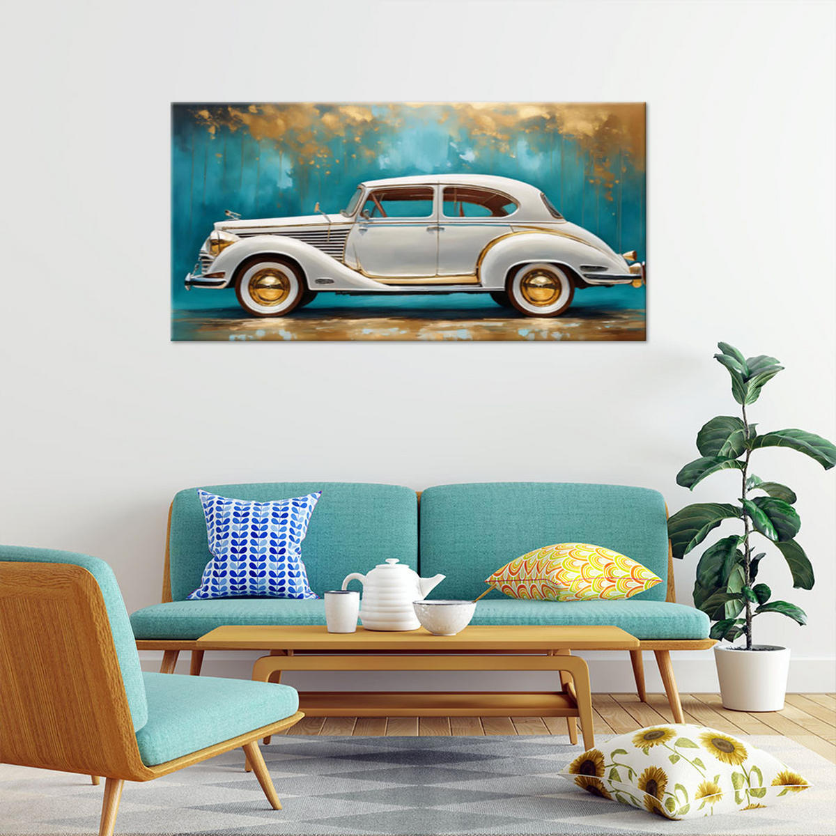 WANDBILD vintage retro auto türkis hintergrund - Türkis, Textil (100/50cm) - Feeby