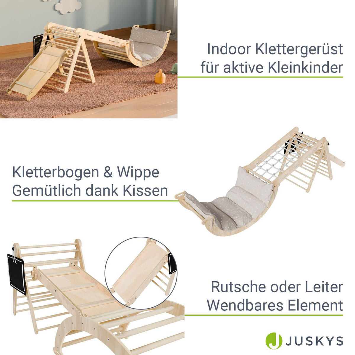 KLETTERDREIECK Movario mit Kissen 80x50cm - Groß - Naturfarben, Holz (56/101/54cm) - Juskys