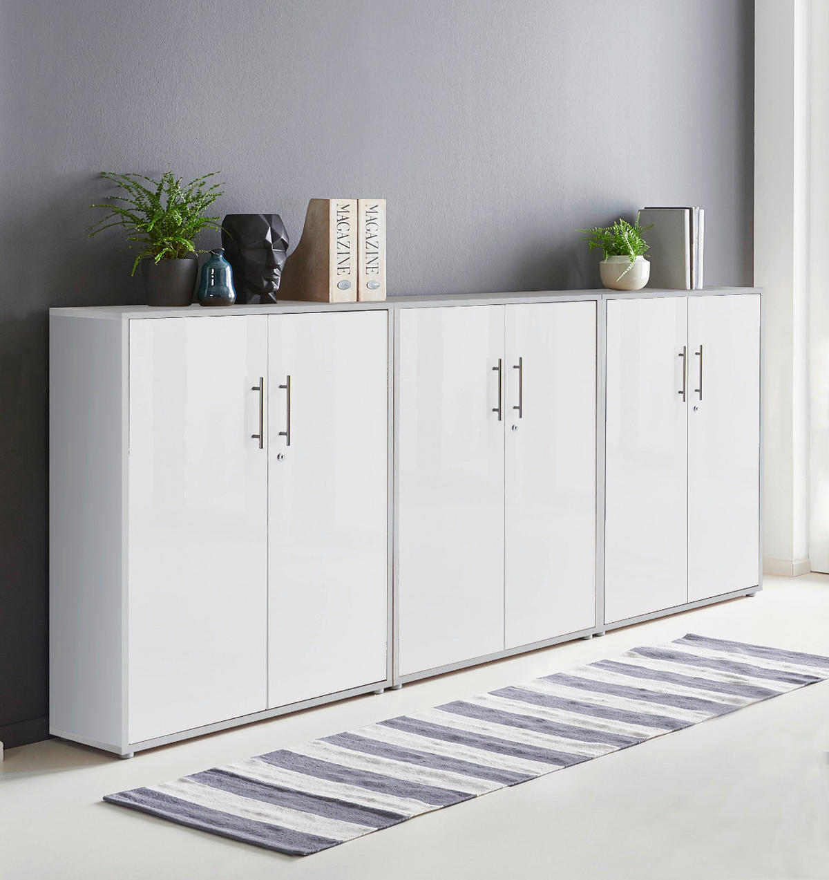 BÜROMÖBELSET 3-tlg. lichtgrau / weiß matt - Hellgrau/Weiß, Holz (253.2/113.6/33cm)