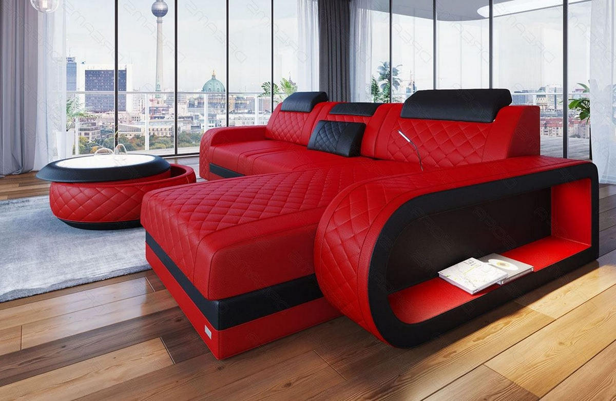 ECKSOFA Sofa Berlin Rot Schwarz Echtleder - Rot, Leder (308/198cm)