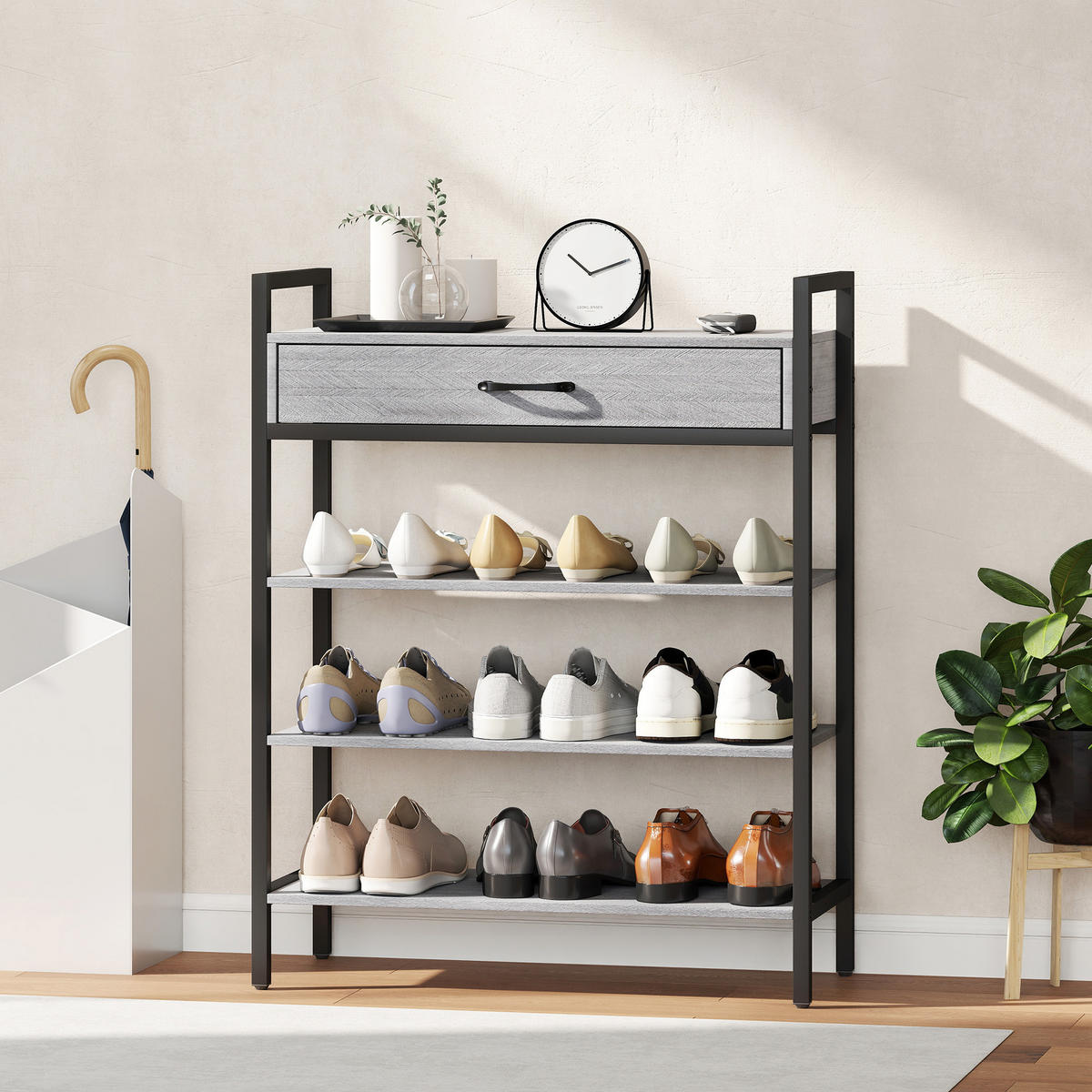 SCHUHREGAL 4 Ebenen Schuhständer Metall mit Schublade für 9 Paar Schuhe Grau - Schwarz/Grau, Holzwerkstoff/Metall (30/87.6/70cm) - HOMCOM