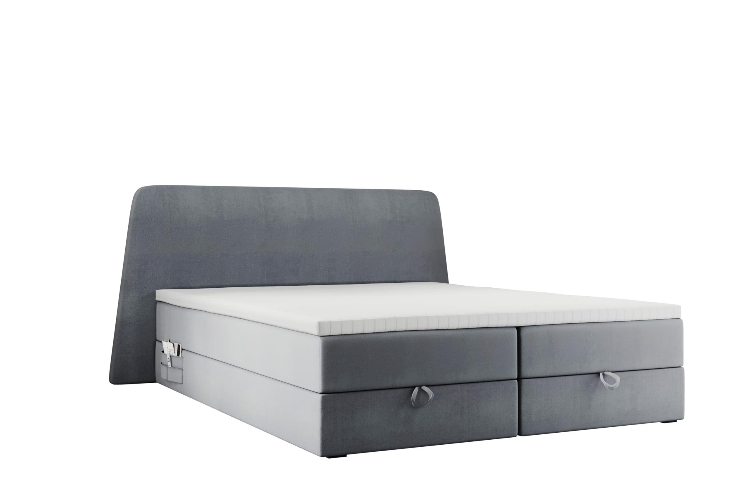 BOXBETT 160 x 200 cm RONDA mit Bettkästen und Topper, Taschenmatratze und Seitliche Taschen für Handy oder Buch, Grau - Grau, Holz/Textil (160/200cm) - Trada