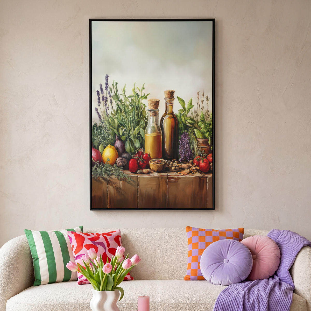 LEINWAND Bilder mit Rahmen - Stilleben - Kräuter - Gewürze - Früchte - Farbenfroh - 100x150 - Grün, Textil (100/150cm) - MuchoWow