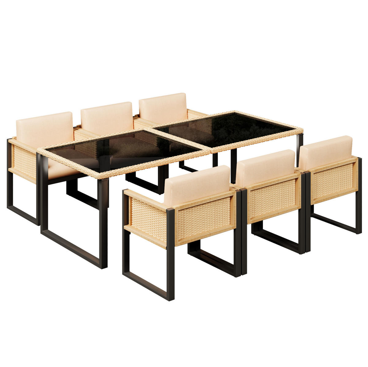 GARTEN-ESSGRUPPE 170/80/75 cm schwarz/braun aus PE-Rattan mit 6 Stühlen - Schwarz, Kunststoff - OKWISH
