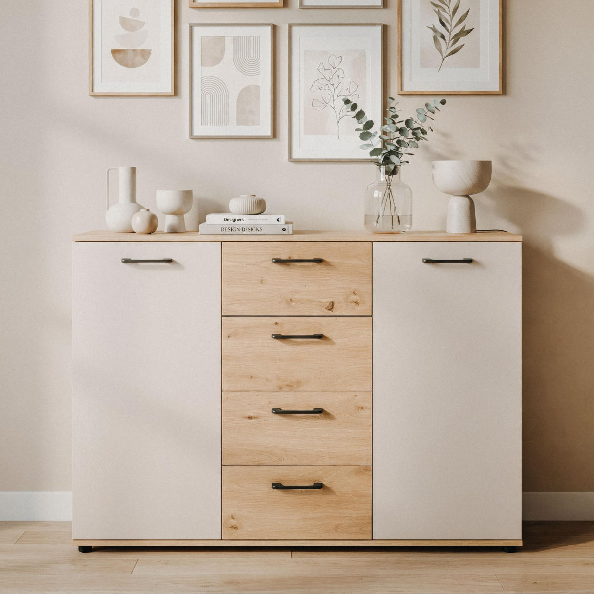 SIDEBOARD mit 2 Türen, 4 Schubladen, Eicheneffekt und Kaschmir 120/35/85,5 cm - Eschefarben, Holzwerkstoff (35/85.5/43.5cm) - Calicosy